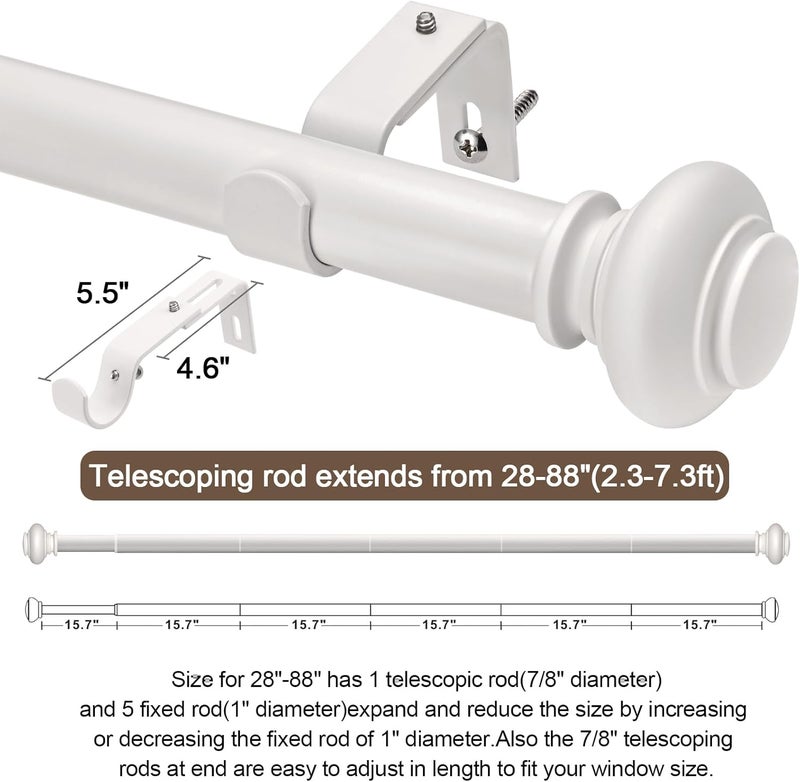 SIMEWIN White Curtain Rods for Windows 48 to 84 Inches Adjustable Decorative 1 Inch Diameter Single Window Curtain Rod Set with Classic Finials, White Finishing - Image 5